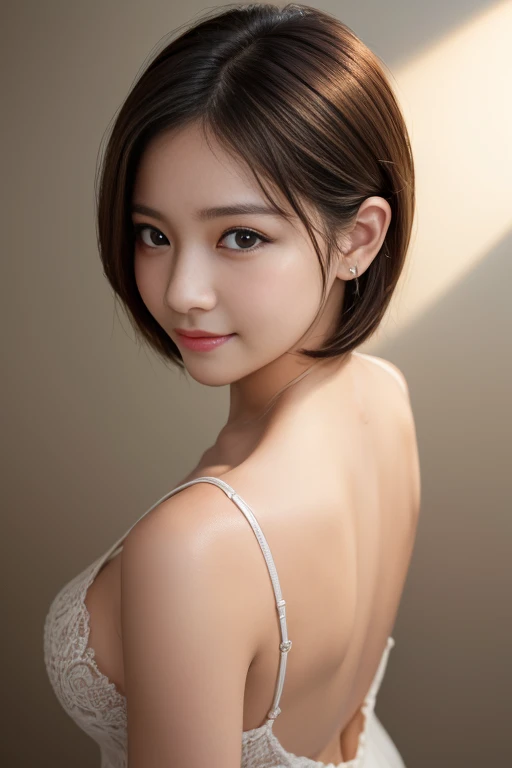 ((8K, highest quality、best image quality、ultra high resolution、Drawn in ultra-high definition、alone、look closely at the camera))、1 girl、realistic、Depth of written boundary、natural soft light、Echiechi, Constricted body, 30 years old, beautiful and detailed eyes, short bob hair, bright hair color, highest quality, masterpiece, Moist eyes, great pose, brown eyes, smile, perfect fingers、perfect hands、perfect body、perfect face, perfect anatomy, glossy lips, natural makeup, small ass, professional lighting, cowboy shot, simple background, From above, bright room, doll, Self snap,