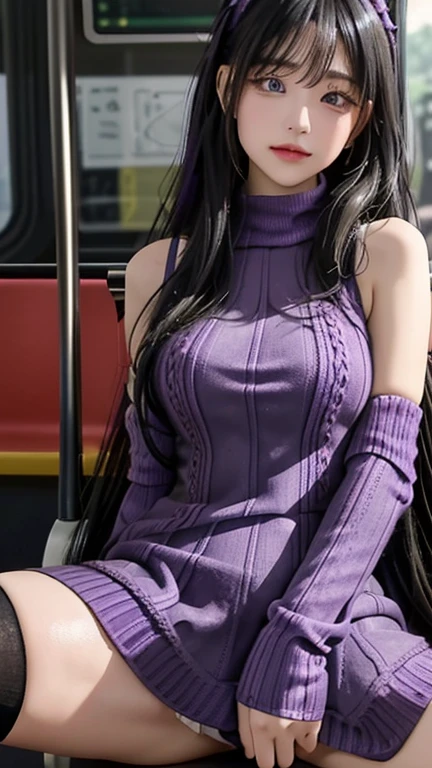 play sports often, long hair、(purple knit dress:1.5), (black hair)、(Underwear exposure:1.1)、(knee socks)、(Purple panties)、(Cyberpunk settings: 1.2), compensate,, (1 girl: 1.4), highest quality, masterpiece, (reality: 1.2), young woman, lady, detailed face, fine eyes, fine hair, fine skin, looking at the viewer, dramatic, vibrant, sharp focus, 50mm, f1.2, EOS R8, (3/4 body: 1.2), (Inside the bus in the background: 1.6), (highest qualityの詳細: 1.2), 8K HD,(spread legs:1.8),