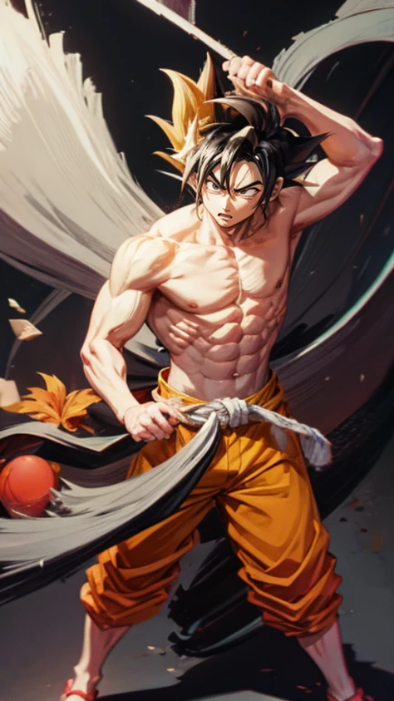 son Goku,Goku face,black orange kimono,hand cross,fuzzy background,angry expression,cartoon,rope tied on his waist, masterpiece,8k resolution , muscular