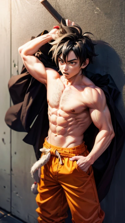 son Goku,Goku face,black orange kimono,hand cross,fuzzy background,angry expression,cartoon,rope tied on his waist, masterpiece,8k resolution , muscular