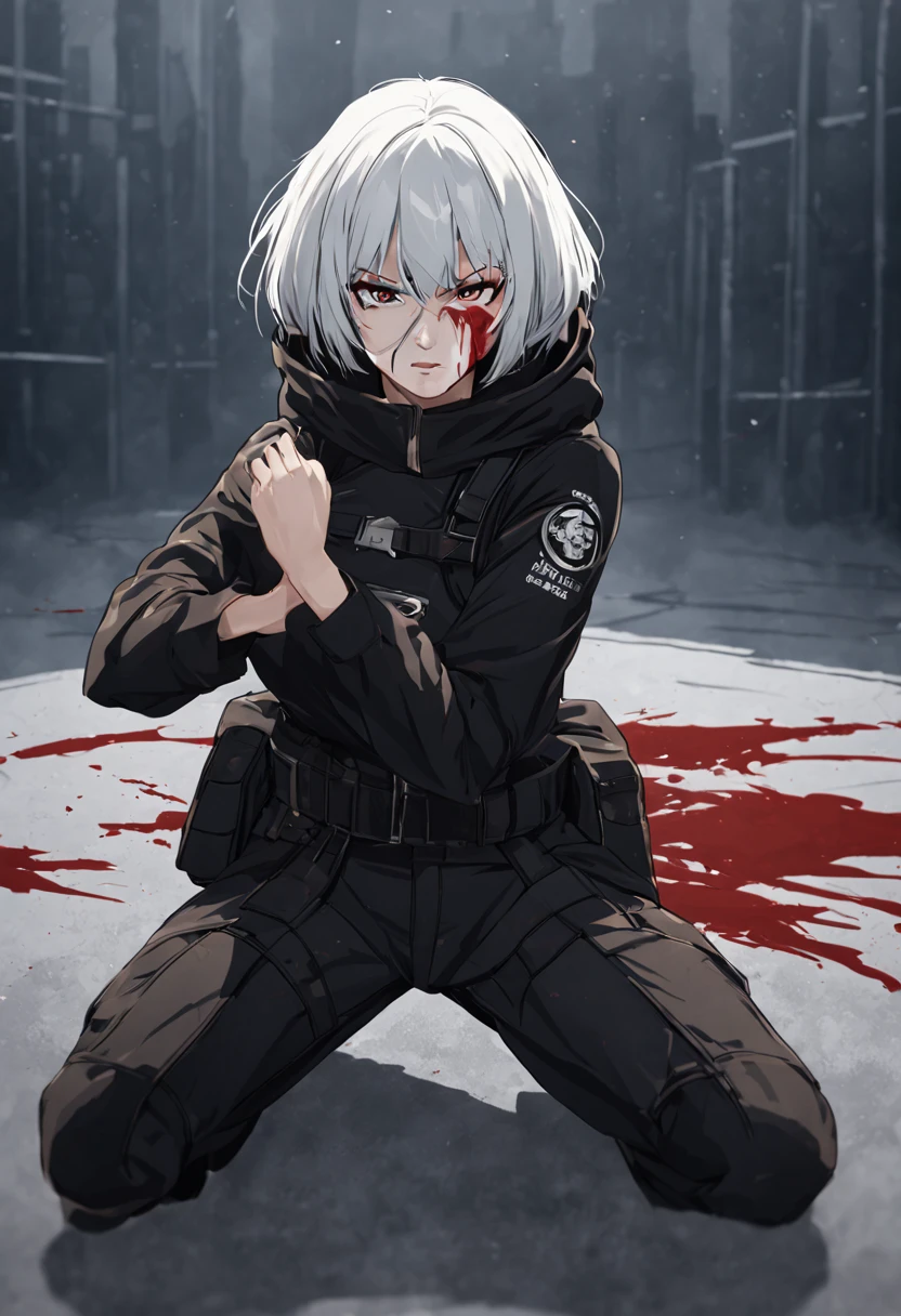 Fighting girl, epic, with particles, HD, 8k, white hair, with black cape, line marks on the face, serious face, closed mouth, casual pose, hands in Bruce Lee position, tactical pants, black hood, black lines under eyes, black polar diver, eyes with marked rings, detailed face, blood on the lips, full body,