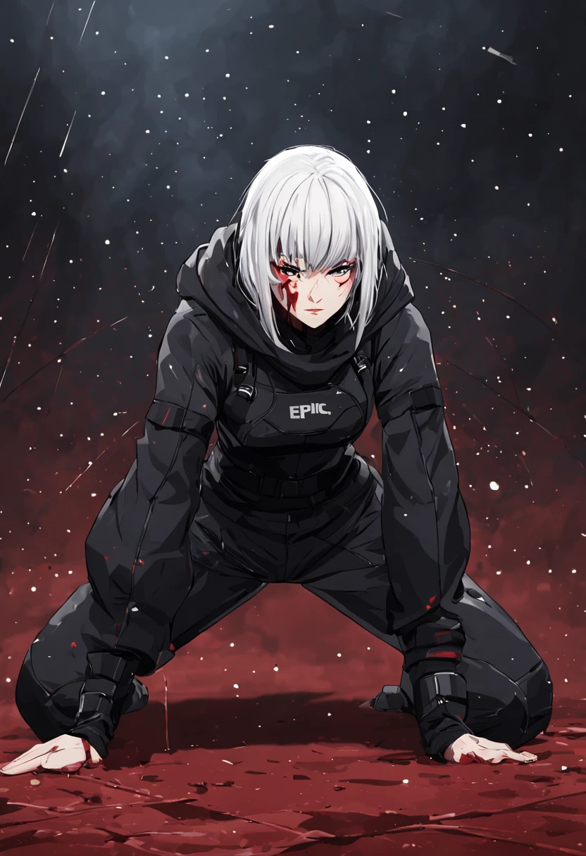 Fighting girl, epic, with particles, HD, 8k, white hair, with black cape, line marks on the face, serious face, closed mouth, casual pose, hands in Bruce Lee position, tactical pants, black hood, black lines under eyes, black polar diver, eyes with marked rings, detailed face, blood on the lips, full body,