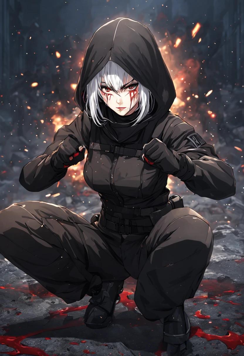 Fighting girl, epic, with particles, HD, 8k, white hair, with black cape, line marks on the face, serious face, closed mouth, casual pose, hands in Bruce Lee position, tactical pants, black hood, black lines under eyes, black polar diver, eyes with marked rings, detailed face, blood on the lips, full body,