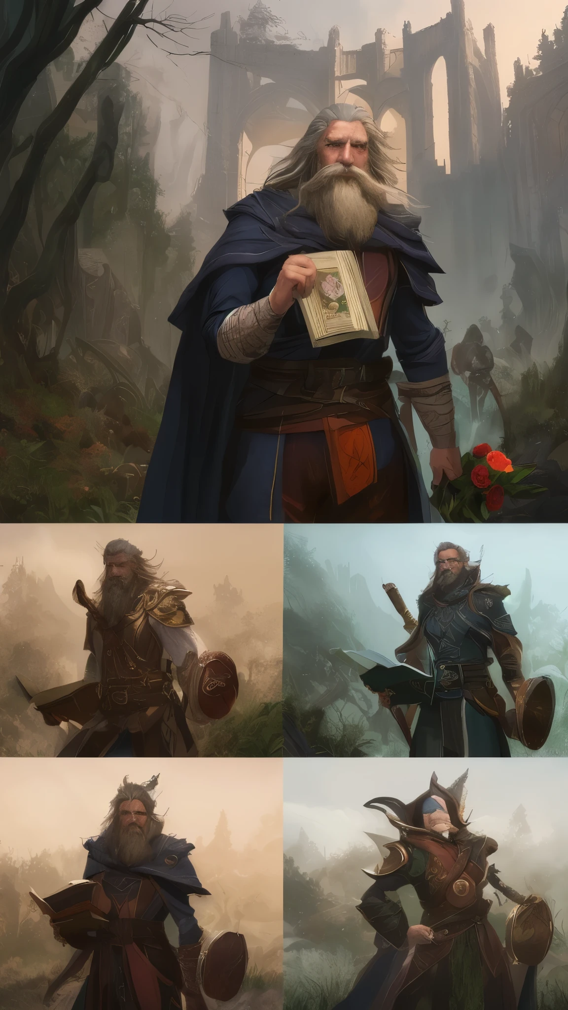 a man with a long beard holding a book and a rose, old male archmage, fantasy mage, male wizard, portrait of a mage, portrait of a forest mage, heroic fantasy character concept, archmage, complex fantasy character, mage, epic fantasy character art, dnd fantasy character art, fantasy character art, dnd fantasy character, fantasy character, fantasy ttrpg villain