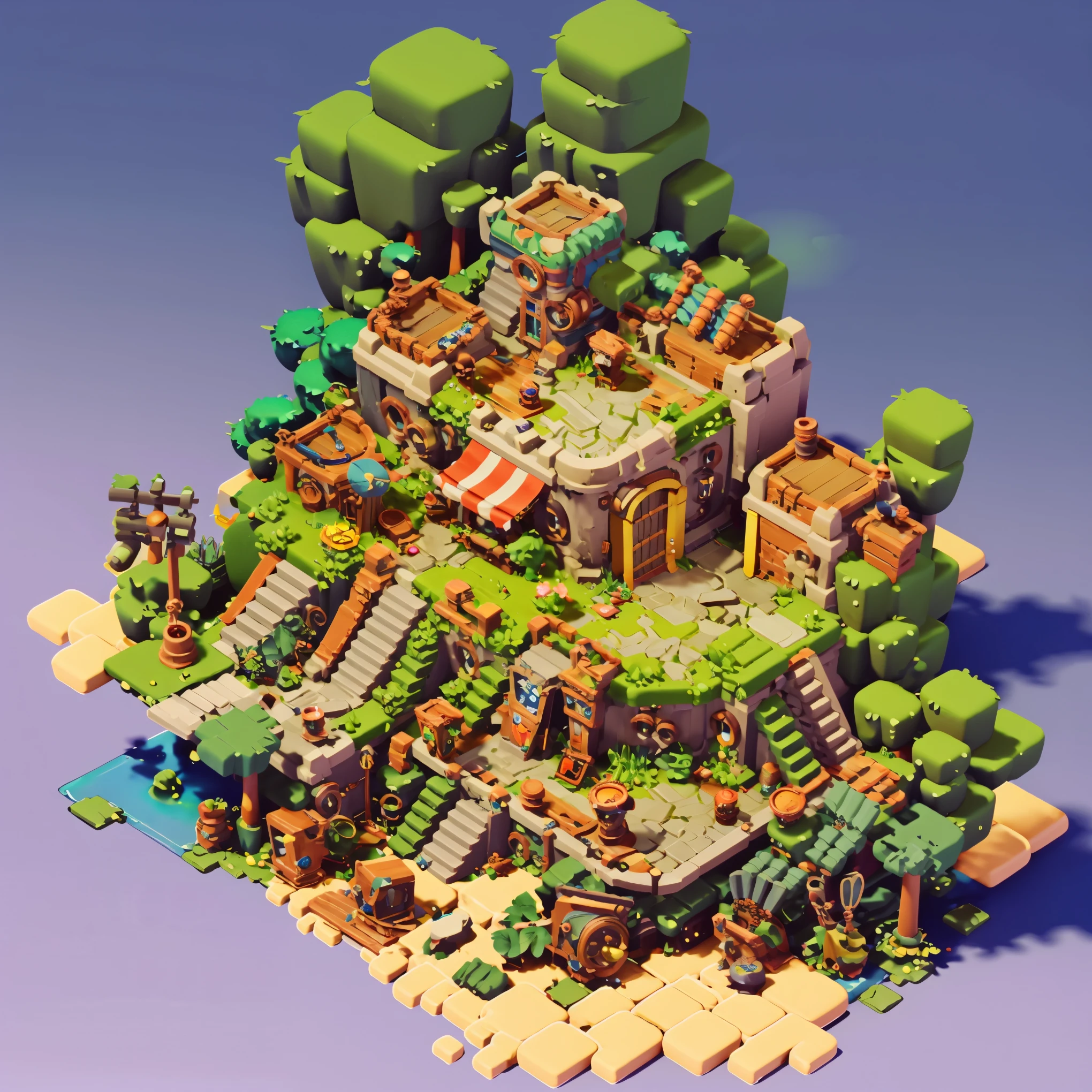 3d isometric view of Steampunk island,