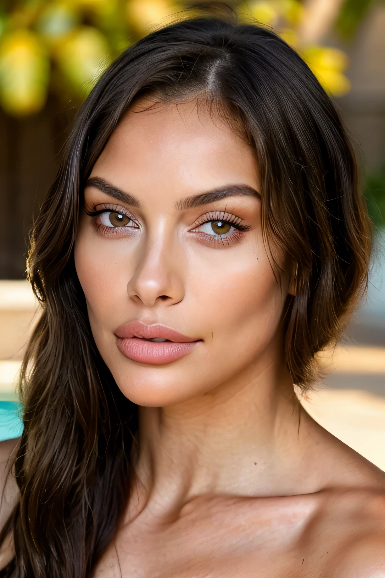 ull body nude photo of beautiful brunette woman, Mia, (26 years old, sedutive look), (full bod) she has big pouty lips with lip filler, defined cheekbones and is wearing some blush. she has smouldering sexy eyes and is wearing eye makeup. She has a toned and physique. Her skin is tanned and smooth and wet with lots of detail. She has perky large dd breast impants. She has beautiful small perky nipples. she is 5'2 tall. closed mouth with pouty lips, masterpiece, beste-Qualit, Ultra-detailed, (Look at the viewer: 1.2) (skin texture) (film grains: 1.3), (warm hue, warm tone: 1.2),, bright outdoor lighting, at the pool horny playing with herself