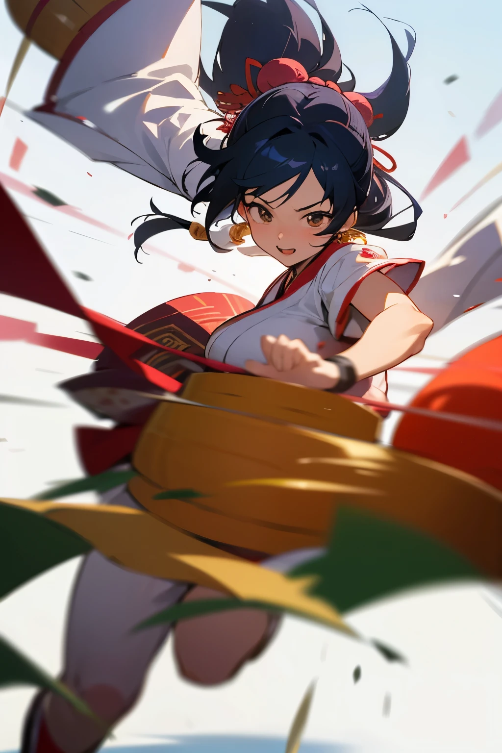 A high-definition, dynamic image of a 30-year-old anime-style woman wearing festival costumes playing Japanese drums at a noon Bon dance venue, conveying a lively and moving performance.