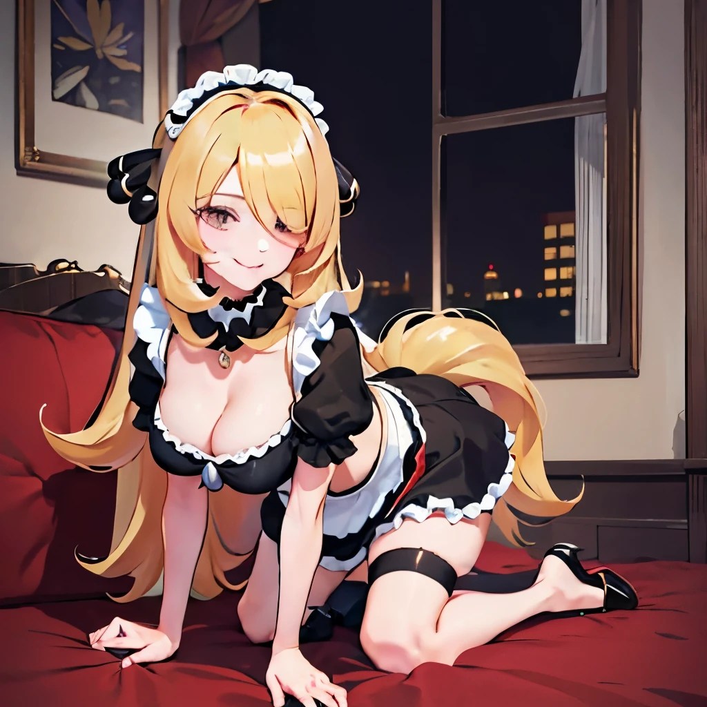 masterpiece, best quality, cynthia, choker, hair bow, in a french black maid outfit, ruffle trim, nighttime, smiling, kneeling on living room floor, cynthia \(pokemon\), fishnets