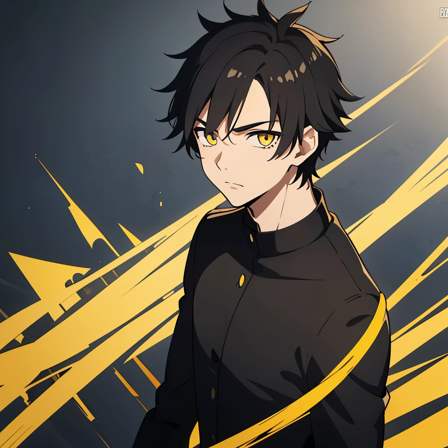 1 boy, black hair, yellow eyes, black uniform, calm face, short hair, handsome, 15 years old boy