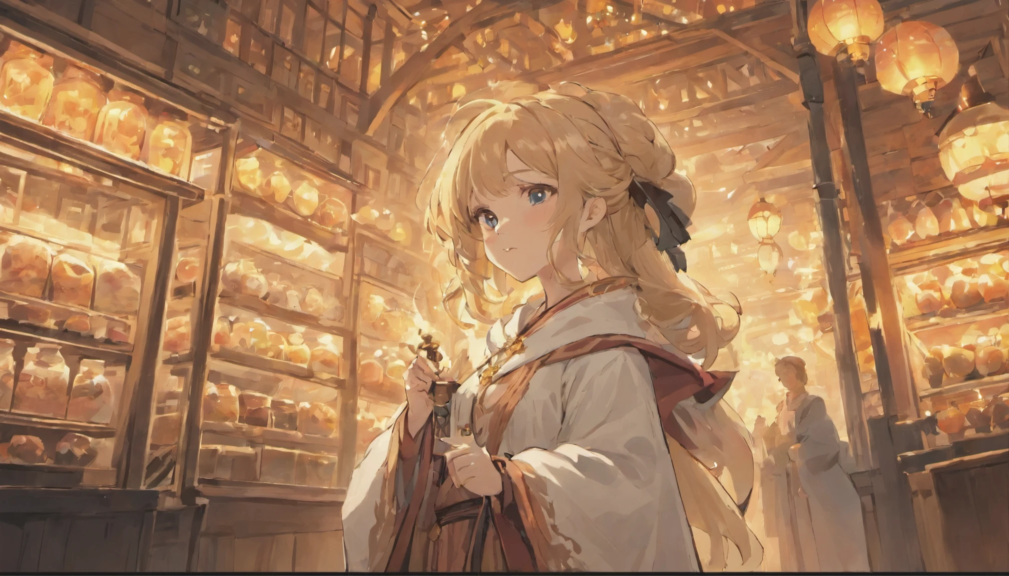 Cute female merchant selling magical items in a busy market,fantasic world,wearing robe,many goods display,masterpiece,soft line,midnight,many lightning 