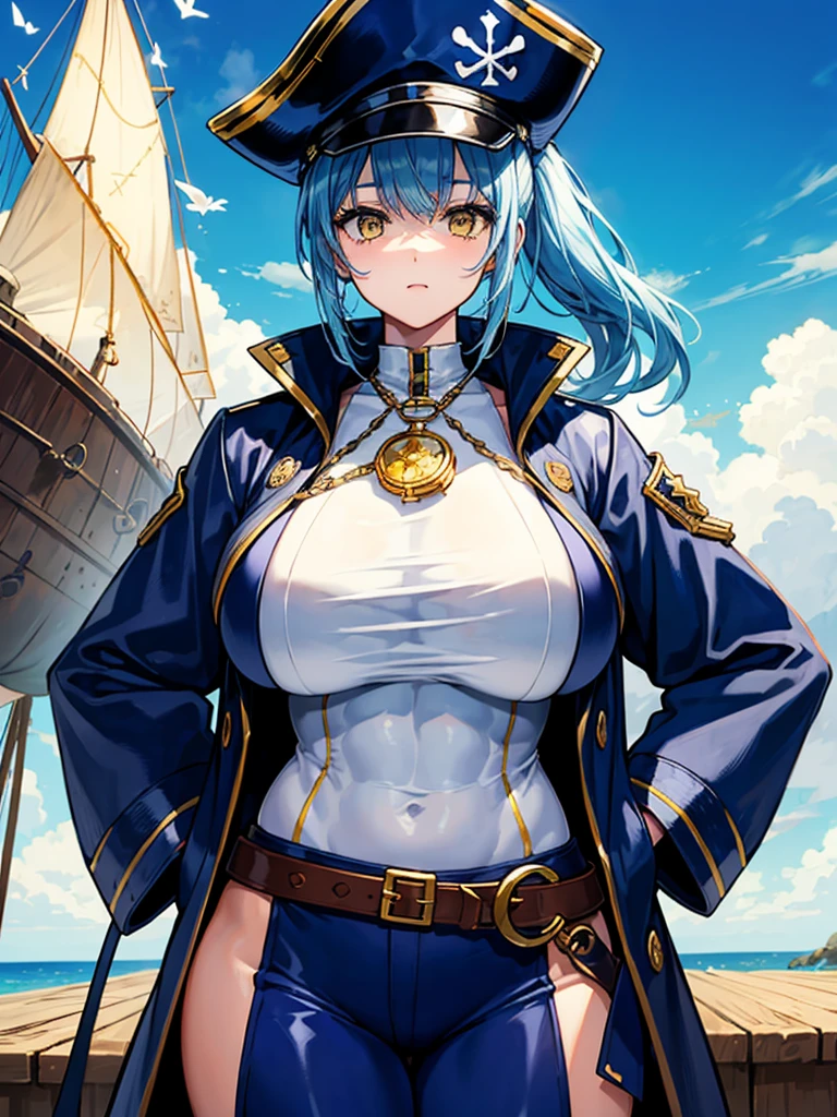 （（（masterpiece、Highest image quality、highest quality、highly detailed unity 8ｋwallpaper）））、（（Illustration of one girl、upper body））、（（（beautiful girl）））、（female pirate）、（Light light blue hair、short ponytail：1.2、yellow eyes）、（（tall））、（（（muscle girl, muscle, bulky figure, massive frame, thick neck, sturdy arms, powerful legs）））、（captain&#39;s suit、Pirate hat、Blue coat）、Pirate ship deck