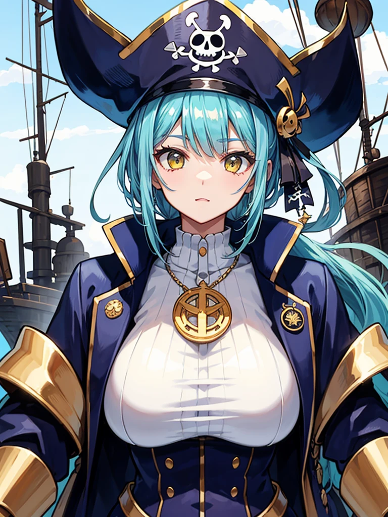(((masterpiece、Highest image quality、highest quality、highly detailed unity 8kwallpaper)))、((Illustration of one girl、upper body))、(((beautiful girl)))、(female pirate)、(Light light blue hair、short ponytail:1.2、yellow eyes)、((tall))、(((muscle girl, muscle, bulky figure, massive frame, thick neck, sturdy arms, powerful legs)))、(captain's suit、Pirate hat、Blue coat)、Pirate ship deck