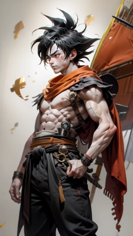 son Goku,Goku face,black orange kimono,hand cross,fuzzy background,angry expression,cartoon,rope tied on his waist, masterpiece,8k resolution , muscular