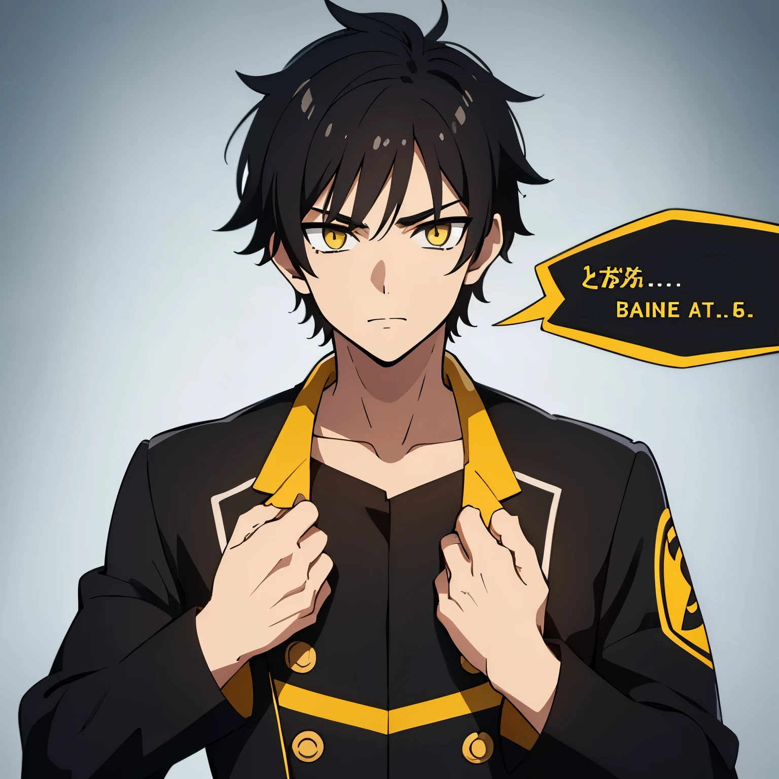 1 boy, black hair, yellow eyes, black uniform, calm face, short hair, handsome,  boy