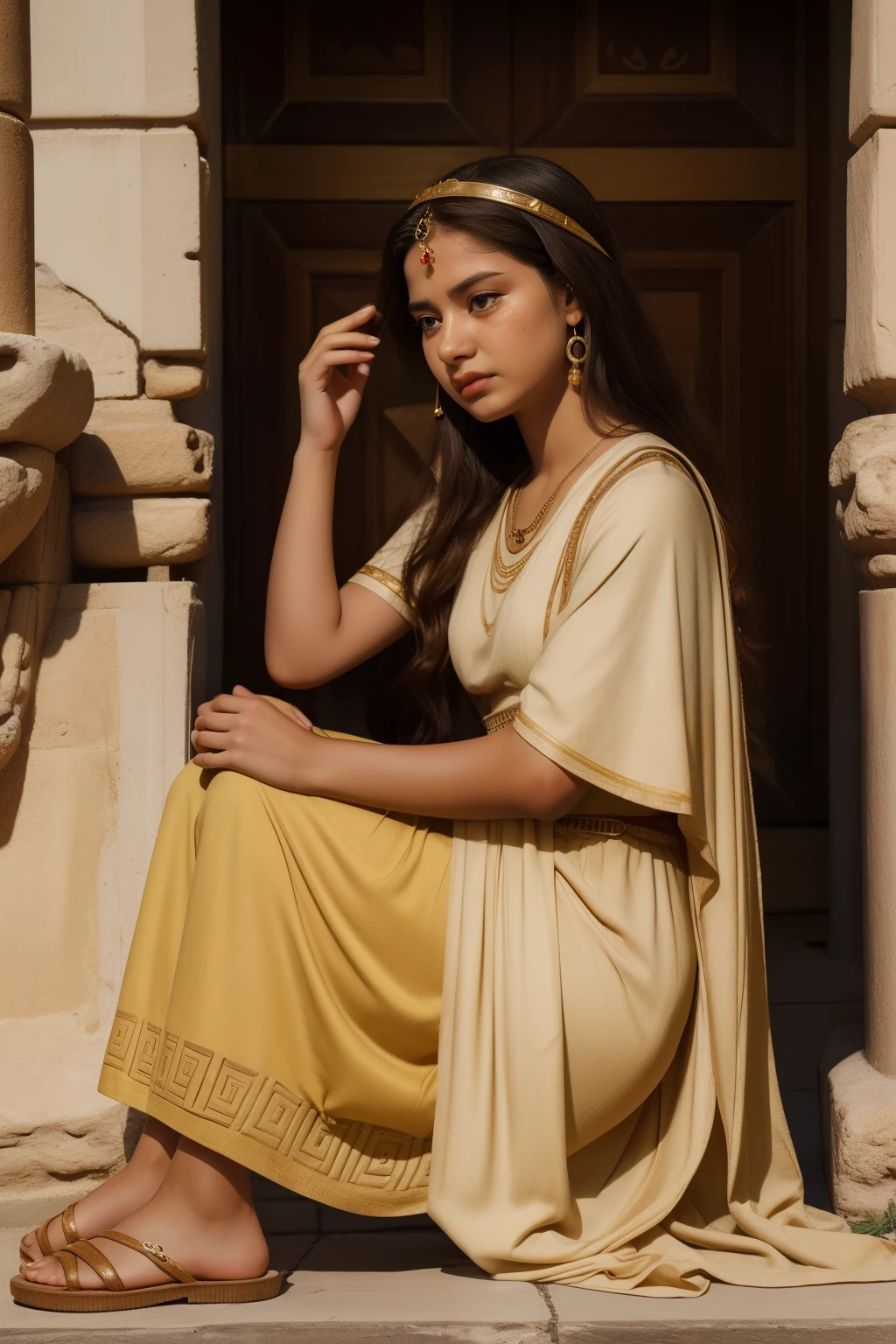 Rome, 77 BC. A ((((-yeld)) tale)), young greek woman, in the luxurious temple, ((crying big tears, despair expression)). ((((macedonian clothings from the 1st century BC))))