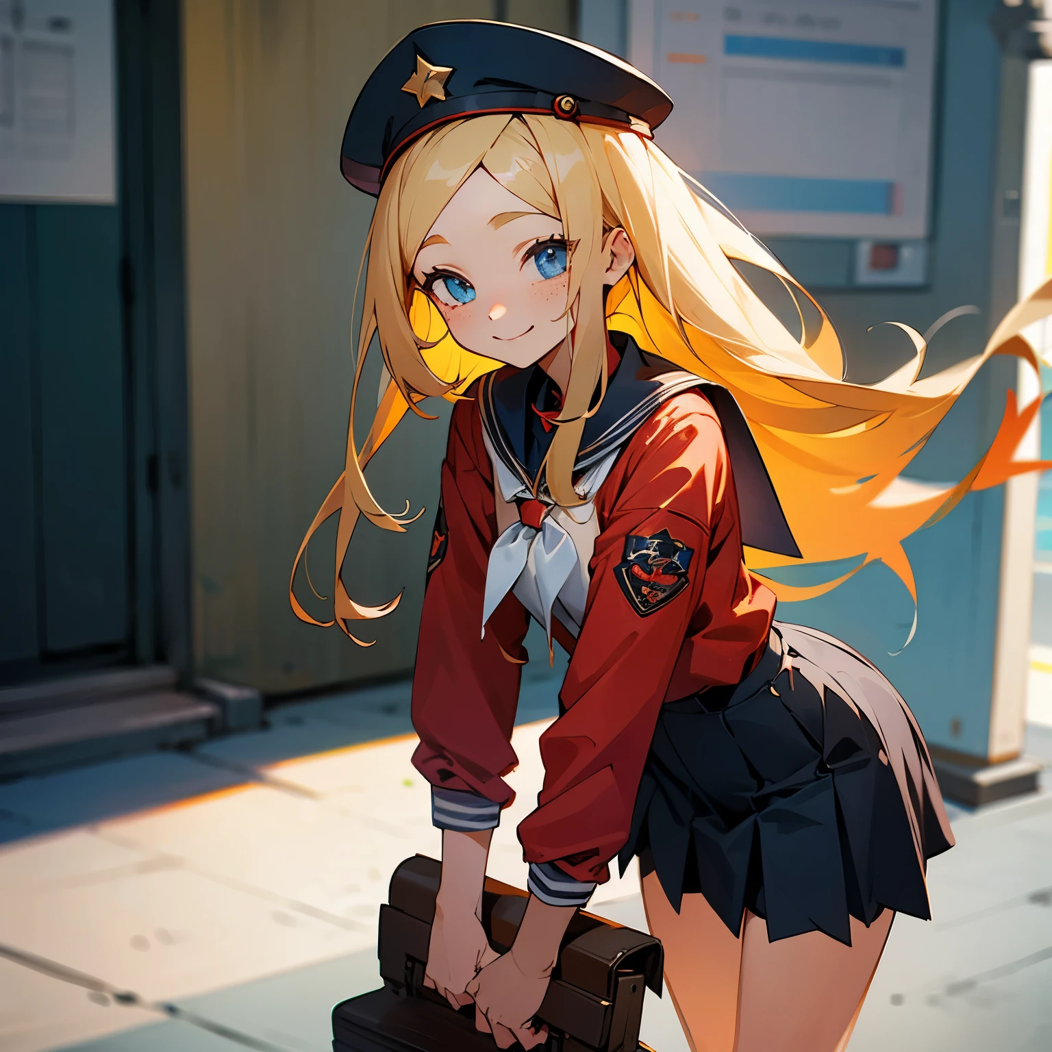 blonde、long hair、double eyelid、Red Jersey、uniform skirt、shy smile、high school girl、Bad girl、freckles、Way back、residential street