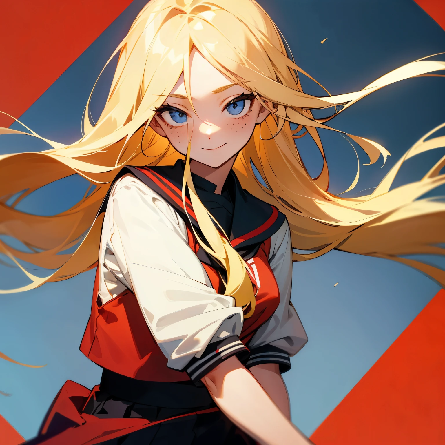 blonde、long hair、double eyelid、Red Jersey、uniform skirt、shy smile、high school girl、Bad girl、freckles、Way back、residential street