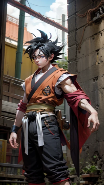 son Goku,Goku face,black orange kimono,hand cross,fuzzy background,angry expression,cartoon,rope tied on his waist, masterpiece,8k resolution , muscular