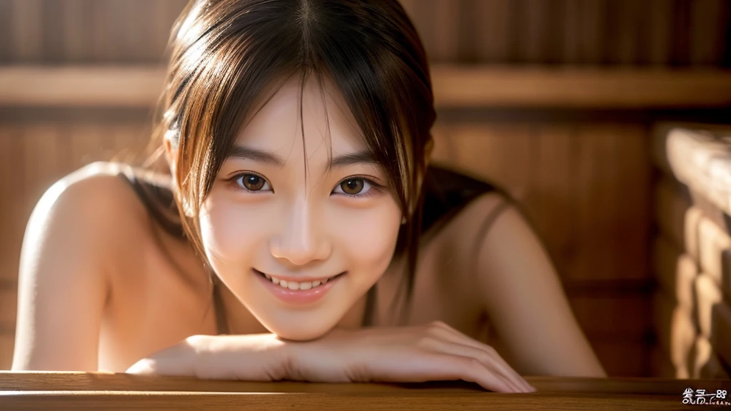 1 woman、high school student、beautiful skin、Japanese、naked、sauna、Japan&#39;s coolness、high quality、(upscale:1.4)、ultra realistic 8k、masterpiece、professional artwork、Handsome guy、beautiful eyes、smile、Ultra realistic 4K、best image quality