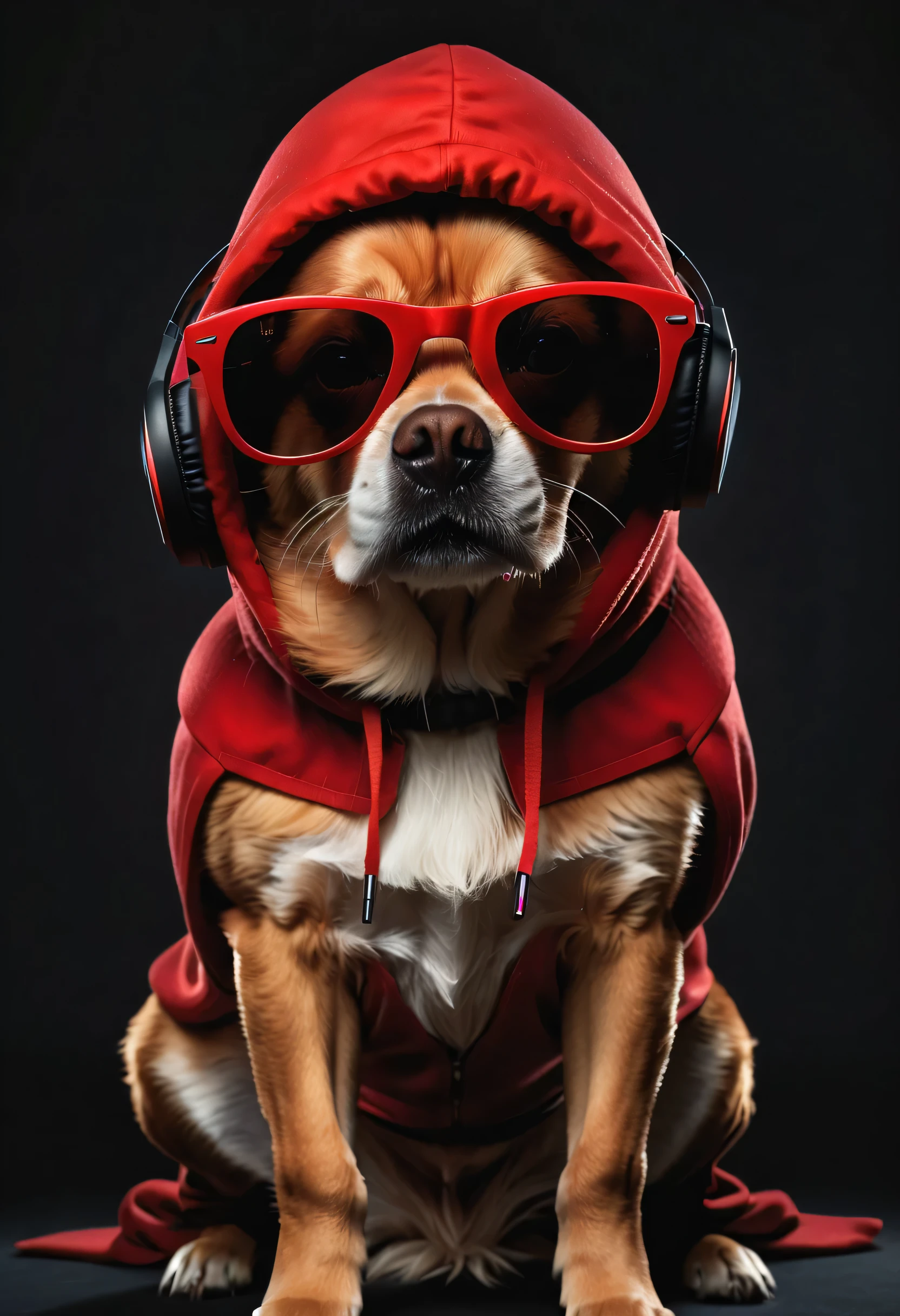 (best quality,4k,8k,highres,masterpiece:1.2),ultra-detailed,(realistic,photorealistic,photo-realistic:1.37),brave charismatic dog,red hooded,hip-hop style sunglasses,wearing realistic headset,standing in black background,high contrast