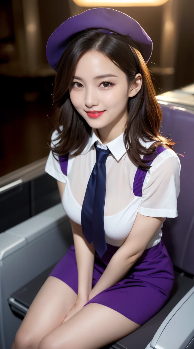(((opened her legs apart、opened the legs apart)))、(((full body,including legs、sitting down,opened legs apart)))、(((perfect uniform of Japanese stewardess, perple uniform,necktie, purple vest-dress uniform、purple small hat, (black high-heel), little smile,white blouse,tight blouse、purple tight skirt))), white gloves, short gloves, high heel、(((transparant nipples,stands out nipples))),Dressed up、(Photo real:1.4)、(A hyper-realistic:1.4)、(Photorealistic:1.3)、 (gentle lighting: 1.05)、(Improve the lighting quality of your video:0.9)、32k、 1Girl、28years old girl、photorealistic lighting、Back lighting、Facial Lights、Ray Trace、(bright:1.2)、(Increase quality:1.4)、 (best quality real texture skin)、Fair eyes,Delicate and delicate face, Close-up of the breasts, white blouse,tight blouse,tight jump-skirt , (Bodyline mood improvement:1.1)、Glossy skin、wavy hair,blonde hair,韓国アイドル、乃木坂アイドル、Sculptural Idol Pose、little smile,blush,Beautiful actress、Neat woman,whole body, (((midium breasts,beautiful breasts))),(perfect row of teeth),slender waist and hip,beautiful long legull shot)、((8heads tall)、(((誘惑している、恥ずかしい)))、(((opened her legs apart、opened the legs apart)))、 dynamic pose,gravure pose,(eye shadow),((red cheek、red lips)),Super Clean Night View、night time、blush,little smile,(((full shot)))、Super Clean Night View、night time、blush,little smile,(((in the air plane))),