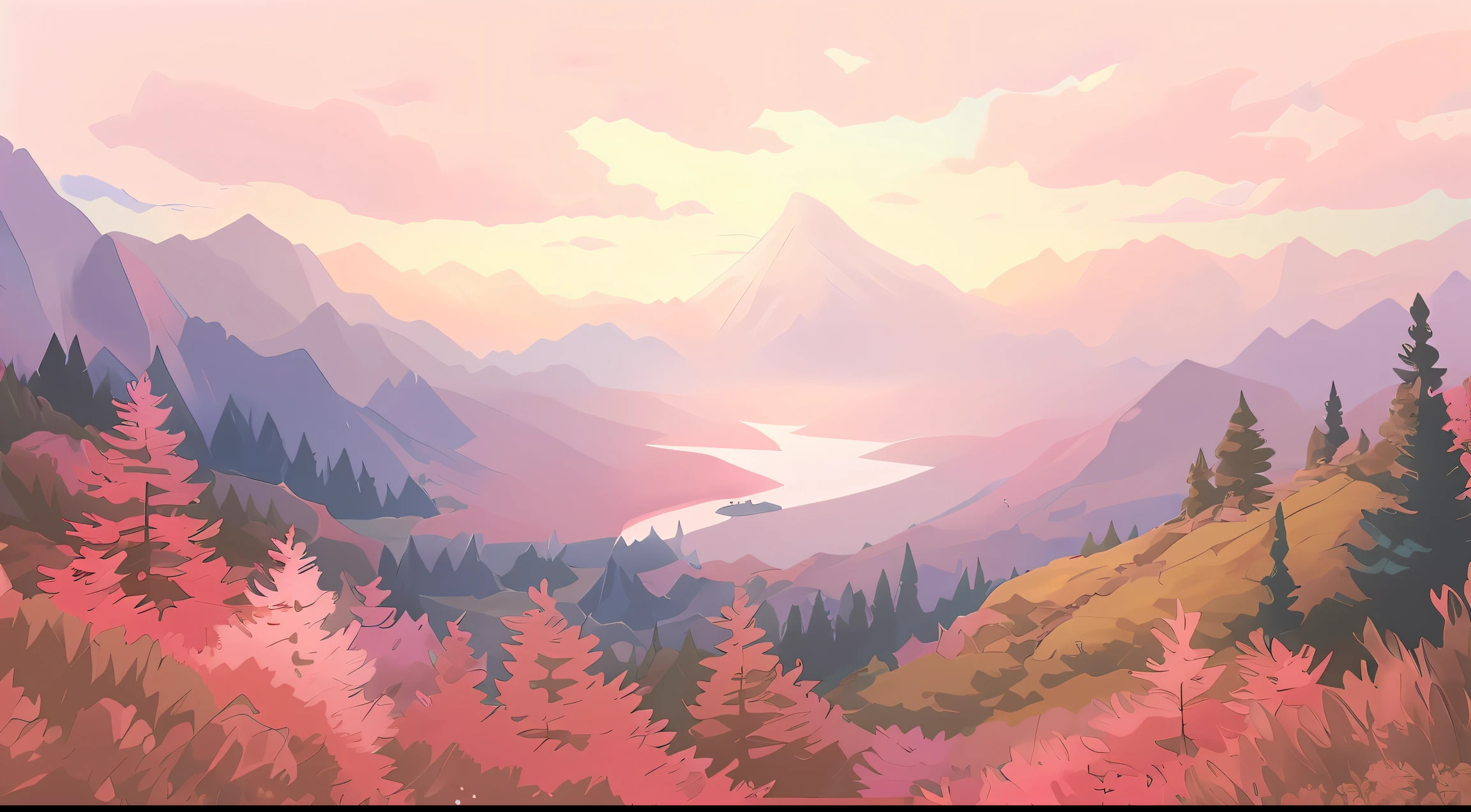 painting of a mountain landscape with a lake and trees, anime landscape, pink landscape, scenery artwork, background artwork, detailed scenery —width 672, 4k digital painting, 4 k digital painting, detailed painting 4 k, anime countryside landscape, detailed digital painting, dreamy landscape, anime landscape wallpaper, digital 4k painting, background art, painted landscape