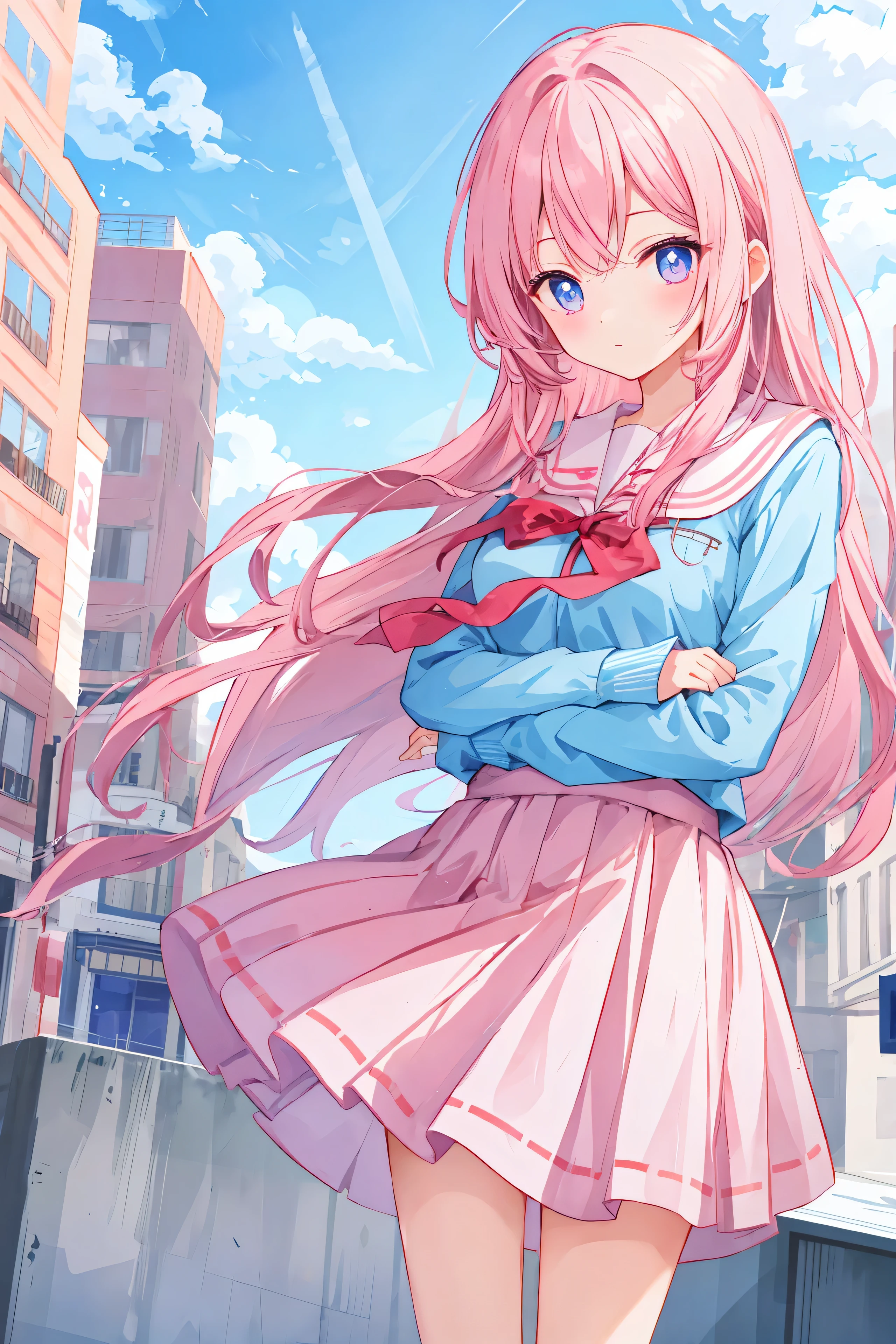 cheveux de couleur rose clair,Pupilles bleu poudré,Portez un uniforme scolaire avec une combinaison de rose et de bleu,laiteux ,super belle fille