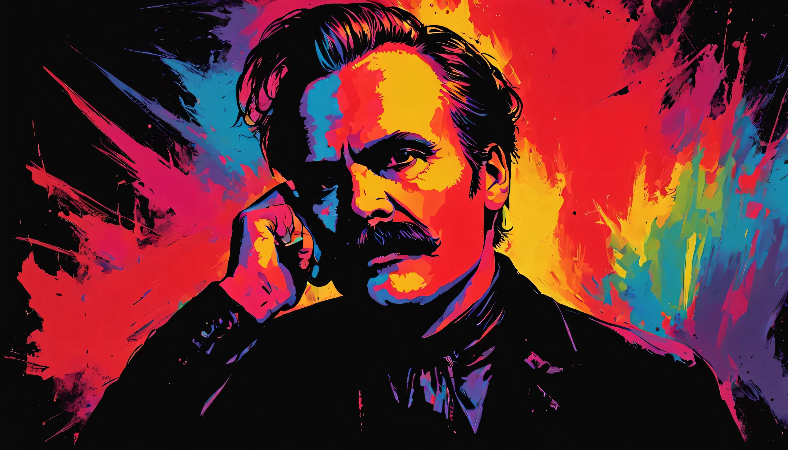 impactful color paint of Nietzsche using a mobile phone, vibrant colors , 8k, sharp, professional, clear, high contrast, high saturated, , vivid deep blacks, crystal clear