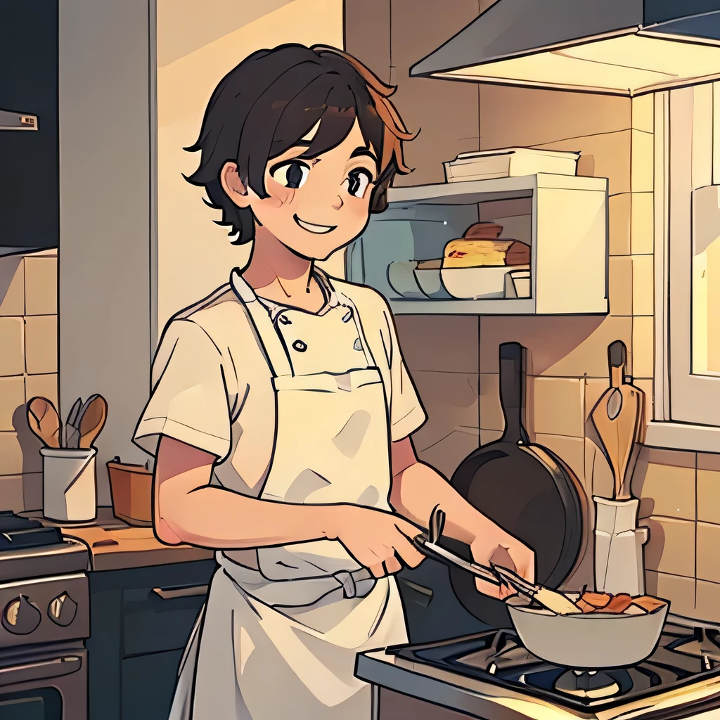 Illustration of a boy having short messy hair, cute standing, cooking in a kitchen smiling, looking at food
