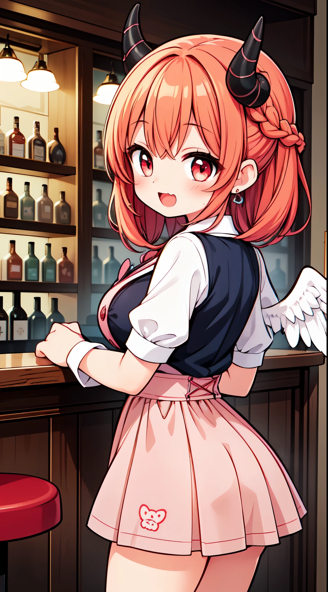 (super fine illustration:1.2),(masterpiece, 8k),(best quality, high quality:1.4),perfect anatomy,hyper detailed,ultra detailed,masterpiece background,beautiful detailed background,v8k wallpaper,perfect design,award-winning art,atmospheric,BREAK

  1 beautiful girl, (Beauty:1.5),(Chibi:0.5),(kawaii:2.0),(Cool:2.0),(17 year old girl),(Solo:1.65),BREAK, (huge-breasted:1.35), Clear skin, Beautiful skin, Shy, 1 beautiful woman,Demons,Colossal tits(Hair Bow, Red hair, Long hair, flipped hair, hair messy,Wings of an angel on the back, Demon King's horn on the head:1.2), (Red Eyes, long eyelashes, Double eyelids: 1.2), Shiny skin,de pele branca,dial,(best quality face),(Top quality glowing eyes),(Doya face,brave face:1.45),(The best smile,:D:1.45), nose blush, ( A smile:1.5), 

BREAK Fantasy Scholar Explorer,
Skirt adorned with a map print of a fantasy world,
Blouse with lace or ruffled details for a vintage touch,
Waistcoat or vest for an explorer’s aesthetic,
Boots with compass rose or map-inspired patterns,
Satchel with leather straps and intricate stitching,
Pocket watch or pendant necklace for added charm,
Accessories like earrings or hairpins shaped like antique keys,
Updo hairstyle with braids or twists for a practical yet elegant look,
Earthy, warm tones in makeup for a cozy atmosphere, 
BREAK
background, (bar:1.5), drinking orange juice,

BREAK,wakame,wakame,wakame,(from front,cowboy shot:1.5) , hanging breasts, nose blush, heavy breathing, steam, ((:o):1.2)

BREAK, ,(Blurry background:1.3),(absurderes, hight resolution, Super Detail Art),cel shading,Clear Color, Lonely optical effect, Beautiful pictures, Bright glow, mystic atmosphere,(Close-up of girl:0.8), Mystical light particle effect,manga influence, clean line drawings,
