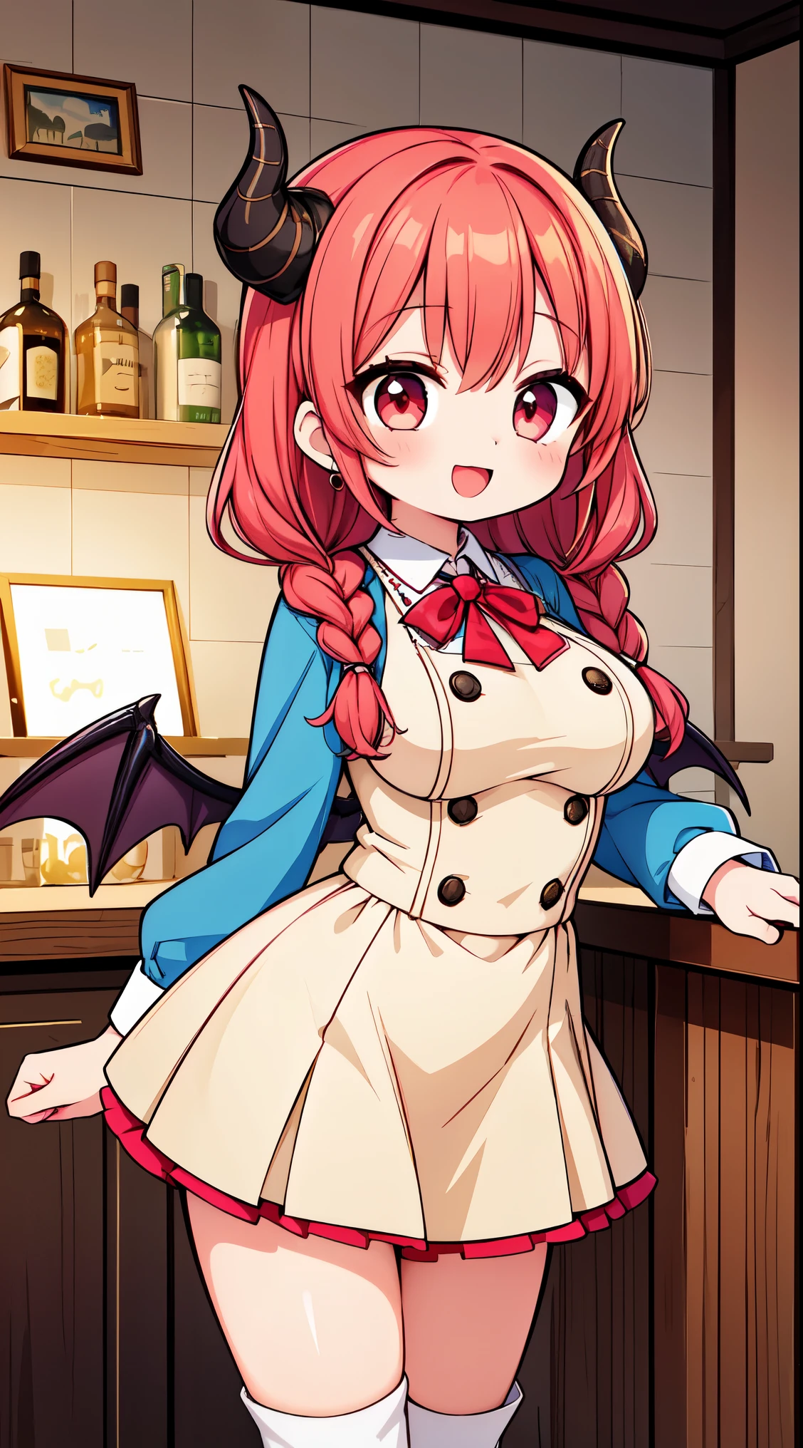 (super fine illustration:1.2),(masterpiece, 8k),(best quality, high quality:1.4),perfect anatomy,hyper detailed,ultra detailed,masterpiece background,beautiful detailed background,v8k wallpaper,perfect design,award-winning art,atmospheric,BREAK
1 beautiful girl, (Beauty:1.5),(Chibi:0.5),(kawaii:2.0),(Cool:2.0),(17 year old girl),(Solo:1.65),BREAK, (huge-breasted:1.35), Clear skin, Beautiful skin, Shy, 1 beautiful woman,Demons,Colossal tits(Hair Bow, Red hair, Long hair, flipped hair, hair messy,Wings of an angel on the back, Demon King's horn on the head:1.2), (Red Eyes, long eyelashes, Double eyelids: 1.2), Shiny skin,de pele branca,dial,(best quality face),(Top quality glowing eyes),(Doya face,brave face:1.45),(The best smile,:D:1.45), nose blush, ( A smile:1.5),
BREAK Fantasy Scholar Explorer,
Skirt adorned with a map print of a fantasy world,
Blouse with lace or ruffled details for a vintage touch,
Waistcoat or vest for an explorer’s aesthetic,
Boots with compass rose or map-inspired patterns,
Satchel with leather straps and intricate stitching,
Pocket watch or pendant necklace for added charm,
Accessories like earrings or hairpins shaped like antique keys,
Updo hairstyle with braids or twists for a practical yet elegant look,
Earthy, warm tones in makeup for a cozy atmosphere,
BREAK
background, (bar:1.5), drinking orange juice,
BREAK,wakame,wakame,wakame,(from front,cowboy shot:1.5) , hanging breasts, nose blush, heavy breathing, steam, ((:o):1.2)
BREAK, ,(Blurry background:1.3),(absurderes, hight resolution, Super Detail Art),cel shading,Clear Color, Lonely optical effect, Beautiful pictures, Bright glow, mystic atmosphere,(Close-up of girl:0.8), Mystical light particle effect,manga influence, clean line drawings,