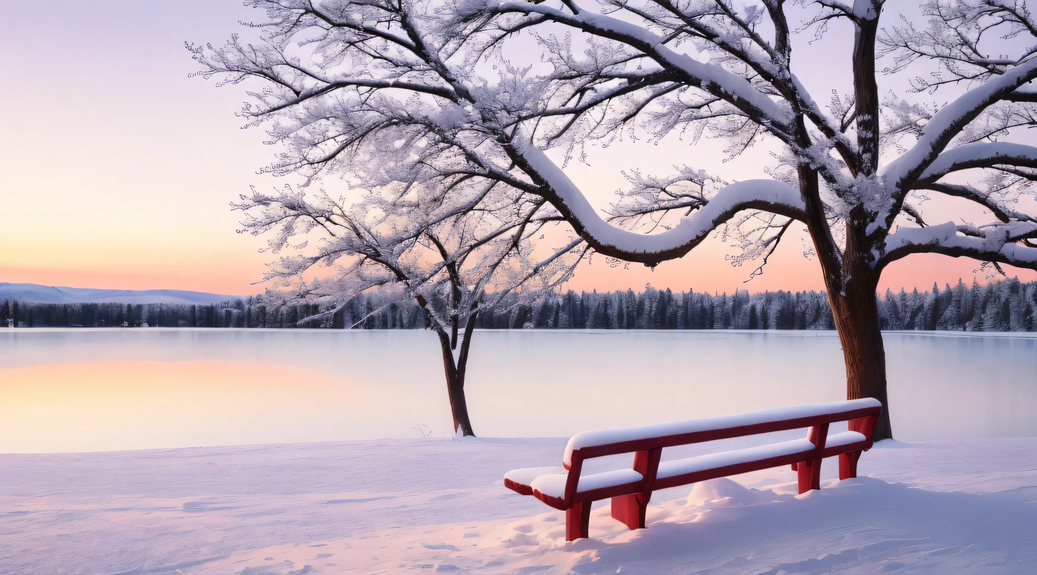 snowy scene of a bench and a tree by a lake, beautiful winter area, winter setting, beautiful wallpaper, warm beautiful scene, beautiful snowy landscape, cold but beautiful, beatiful backgrounds, hd wallpaper, winter atmosphere, very beautiful photo, snowy winter, desktop background, dreamy scene, pink tree beside a large lake, winter snow, high quality desktop wallpaper, wallpaper background