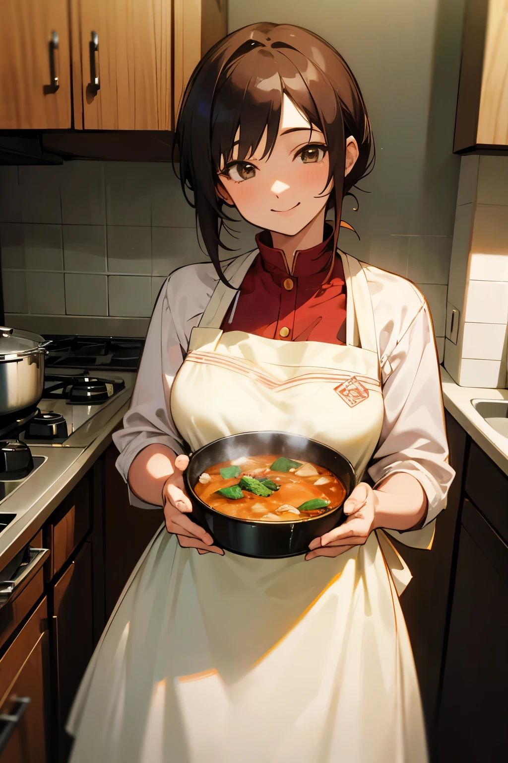 A high-definition, dynamic image showing an anime-style woman in her 30s wearing an apron simmering stew in a pot in the kitchen, smiling proudly as if it was delicious.
