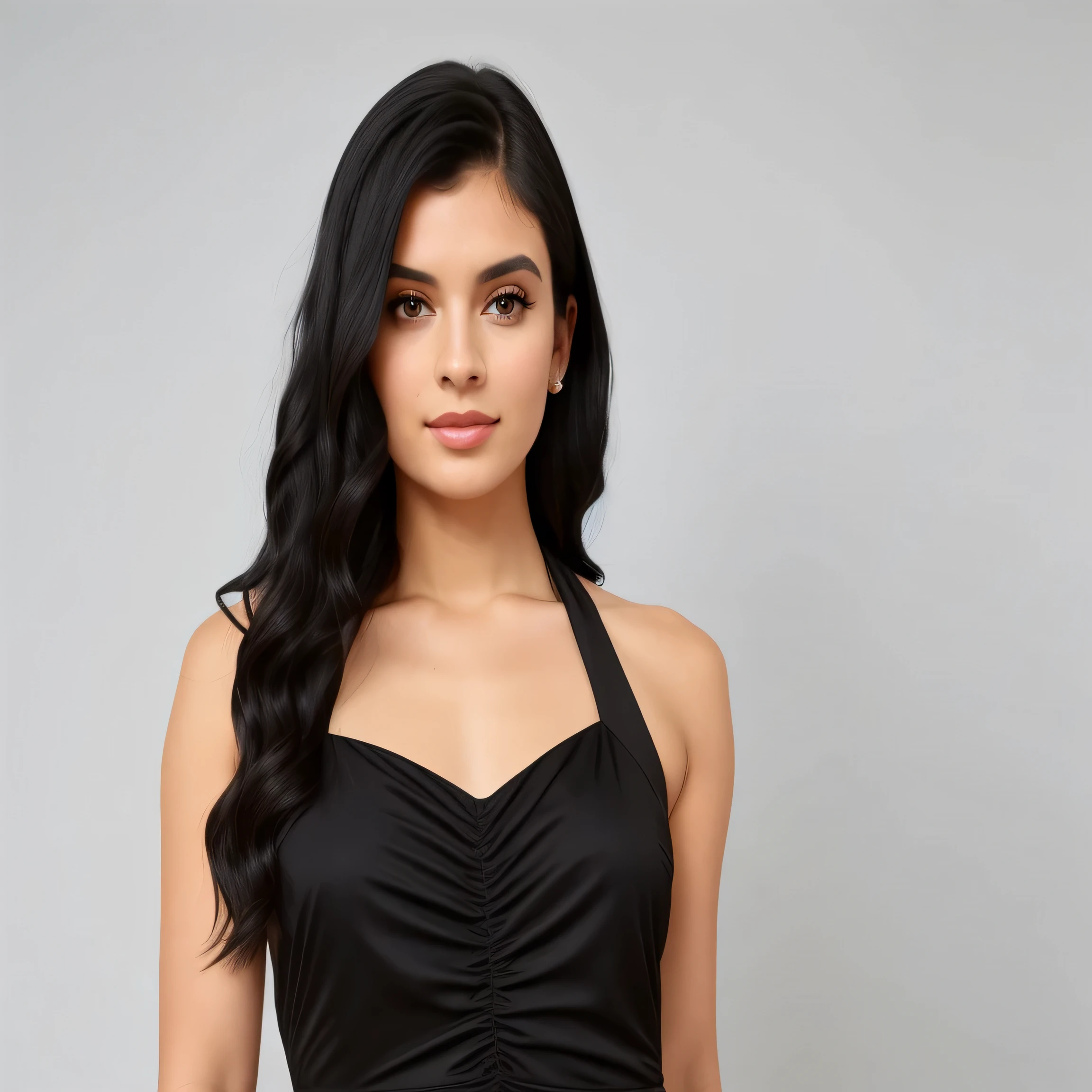 araffe woman in a black dress posing for a picture, wavy long - length black hair, halter neck, black halter top, black wavy hair, wavy long black hair, wavy black hair, shoulder-length black hair, female with long black hair, long wavy black hair, black dress : : symmetrical face, halter-top, halter top
