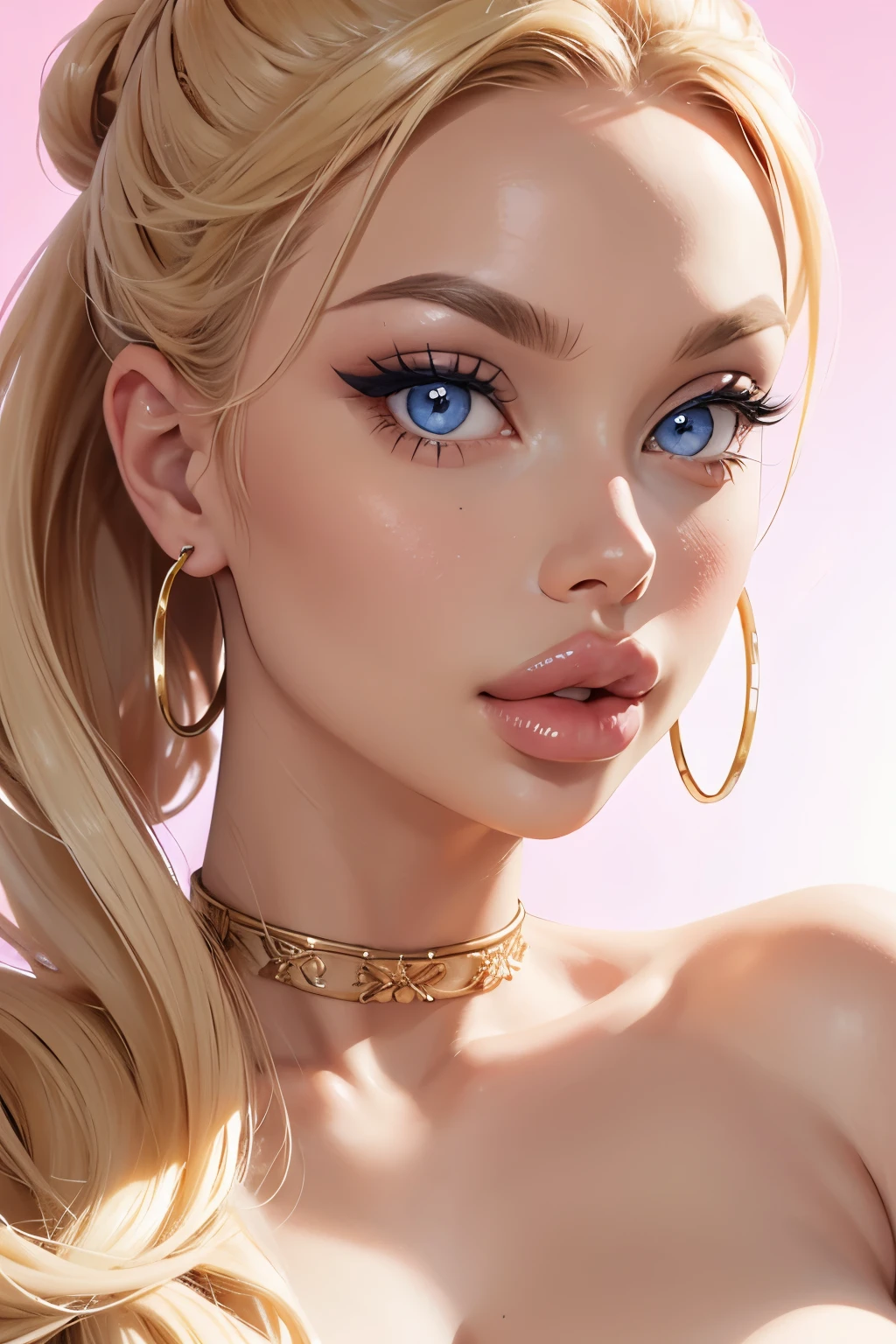 Face close up, Blonde, blonde chignon, pink lips, glossy, bright blue eyes, hoop earrings, big lips, pout, fake lips, huge lips, lip filler, choker, cleavage,