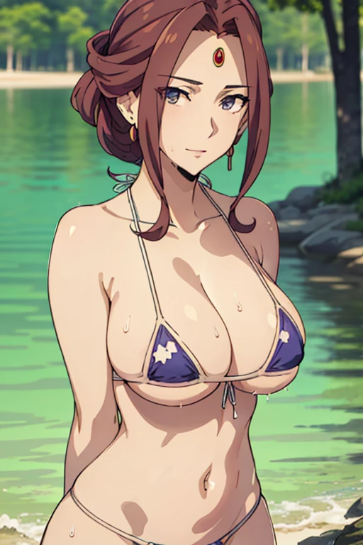 (masterpiece, best quality, high resolution, anime screencap, anime colored, 8k, photorealistic), Mirellia Q Melromarc, milf, wife, solo, brown hair, sad smile, (looking at viewer), huge breasts, cleavage, (white micro bikini:1.5), Curvey, upper body, (lake, wet), (perfect detailed anatomy, beautiful detailed face&eyes:1.5, shiny skin, perfect sharp body)