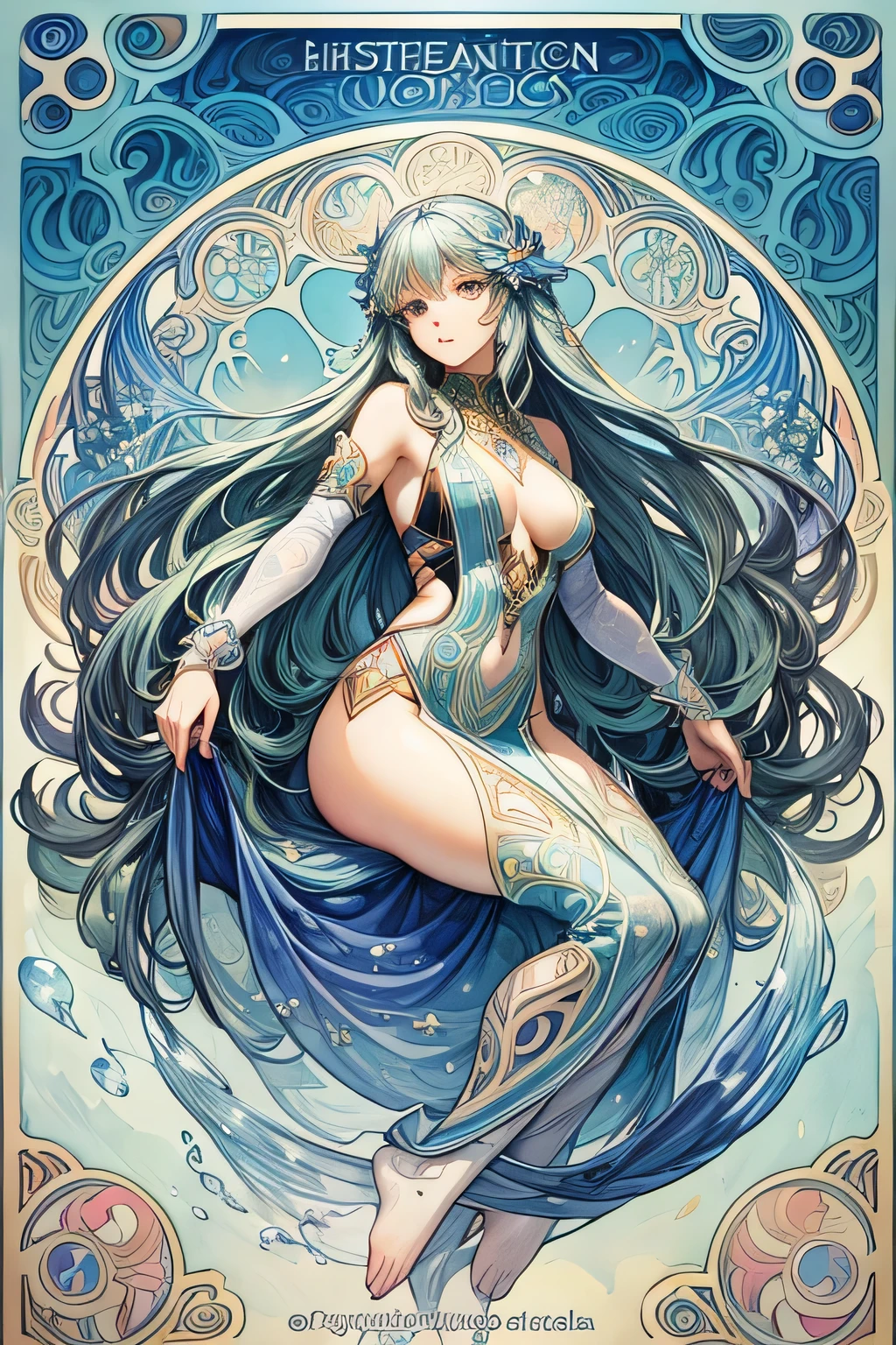 high quality, very detailed, Traditional, Fish, beautiful woman with water hair, in water, Surrounded by many colorful fish, Mysterious, Alphonse Mucha&#39;s Art Nouveau line, awesome full color, water color,