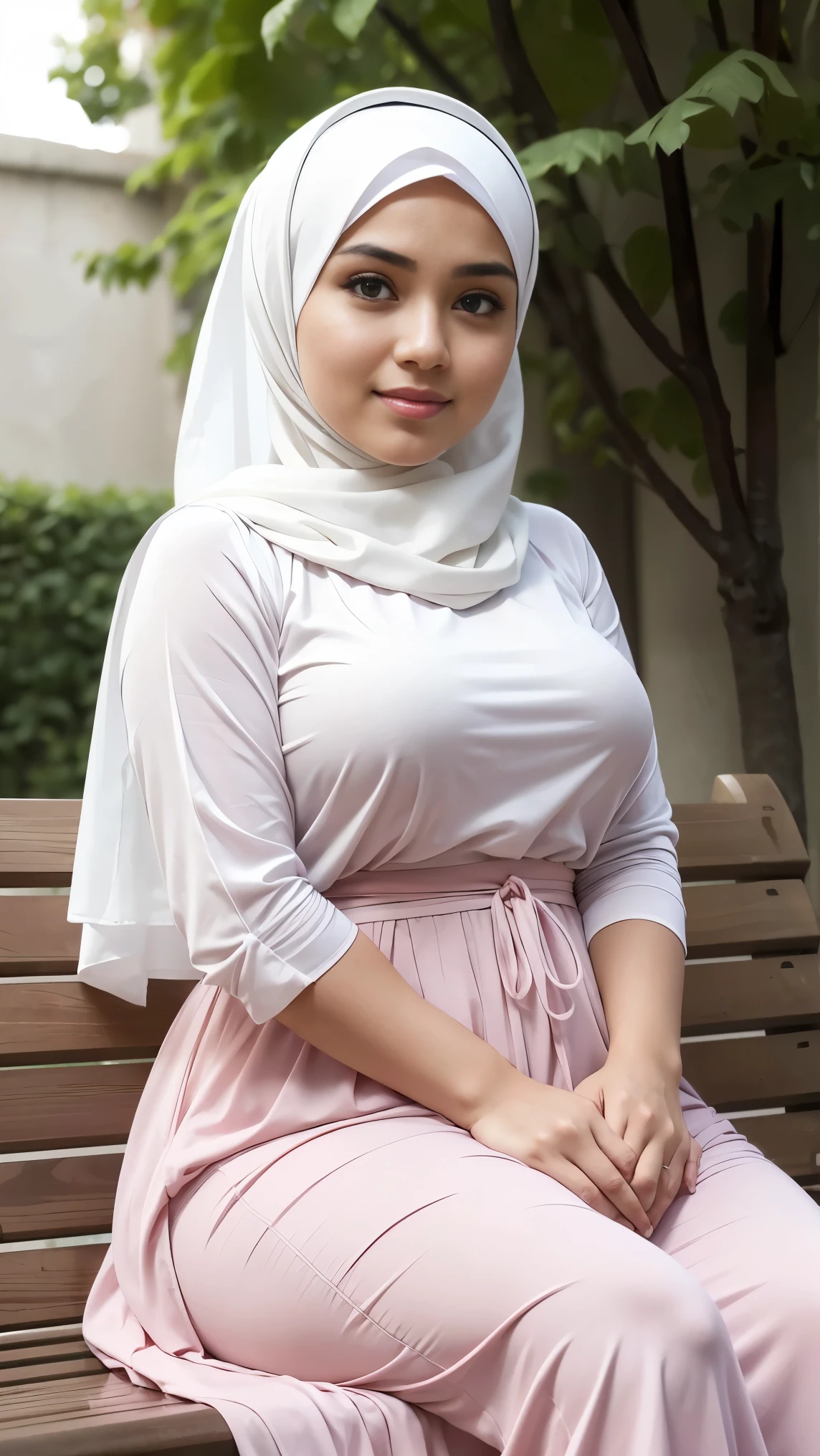 RAW, (Best quality, high resolution, work: 1.3), Beautiful Malay woman in hijab, perfect fit body, (Big breasts) , Beautiful big eyes, Soft smile, beautiful face, slightly open mouth, thick thighs, beautiful buttocks, , beautiful big eyes , gentle smile, beautiful girl, detailed face, Muslim woman in a pink dress and white shirt sitting on a bench, lovely woman, white hijab, hijab, with lovely look, white and pink, handsome girl,attractive girl, very beautiful girl, cute beautiful, beautiful lady, pink girl, beautiful woman