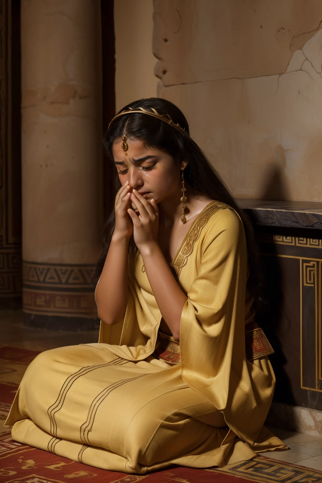 Rome, 77 BC. A ((((16-year-old)) Myrtale)), young greek woman, in the luxurious temple, ((crying big tears, despair expression)). ((((macedonian clothings from the 1st century BC))))