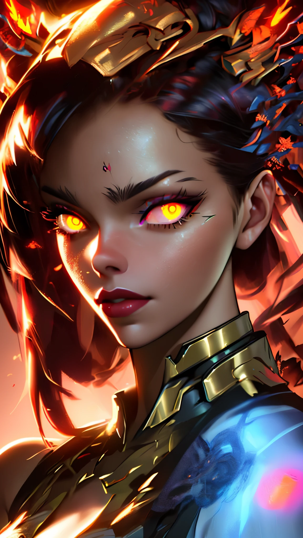 a close up of a woman with yellow eyes and a red lipstick, artgerm ; 3d unreal engine, ig model | artgerm, with glowing red eyes, glowing ember eyes, with glowing yellow eyes, rossdraws portrait, artgerm. high detail, rossdraws 1. 0, :: rossdraws, rossdraws digital painting