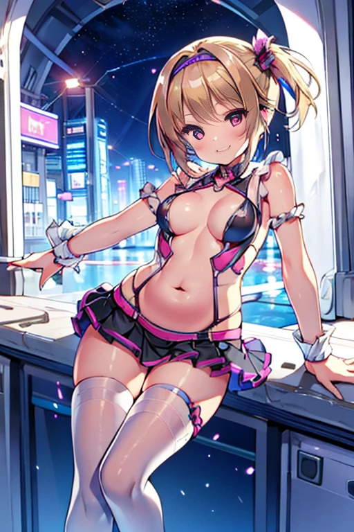 8K, RAW photo, night light, Beautiful cyberpunk style young girl, Blonde shorthair,BREAK pink eyes, high resolution skins,BREAK Beautiful woman in black top and short skirt, pose for a photo, Multi-point, 19 years old, reveal her sexy body, hourglass illustration, because I'thin, small breasts, sample belly, Looking at the camera and smiling, night city background, neon light