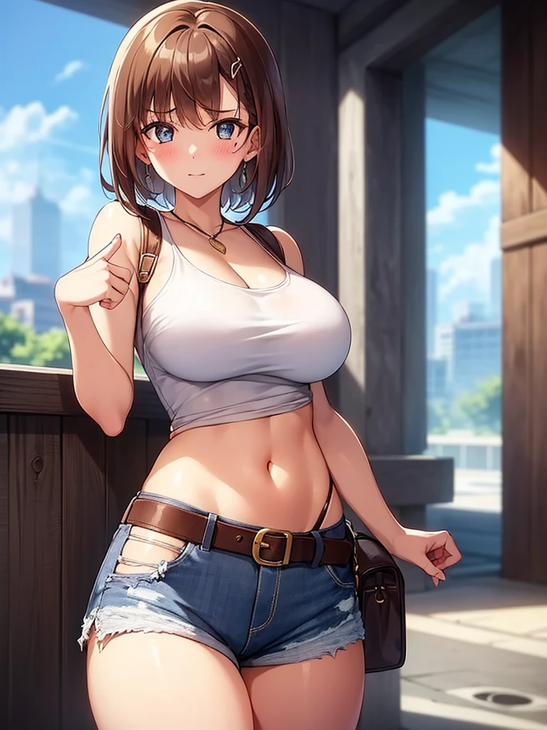 ((alone)), city, street, ((white shirt)), wet shirt, ((blush:1.2)), embarrassing, 1 girl, hairpin, huge breasts, exposed chest, exposed thighs, exposed buttocks, denim shorts, short hair, Weak women, ((Shorts that dig into the crotch and buttocks)), ((long and thin legs)), ((thin waist)), thick thighs, cowboy shot, Close your legs, Beautiful woman, adult woman, cute face, cute eyes, Defenseless body