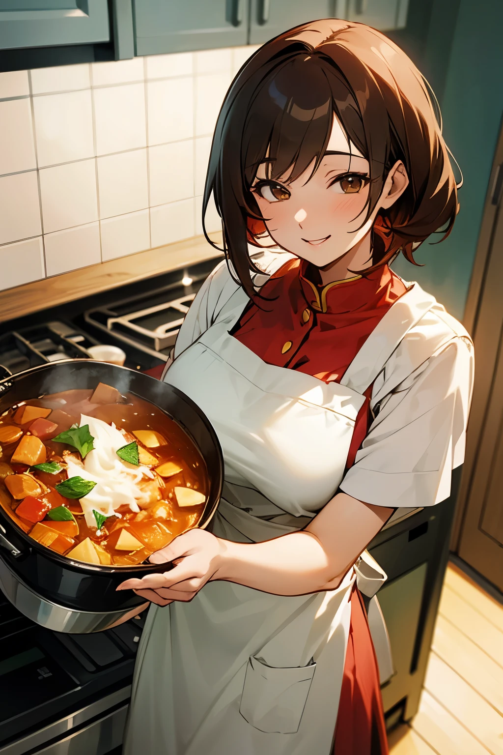 A high-definition, dynamic image showing an anime-style woman in her 30s wearing an apron simmering stew in a pot in the kitchen, smiling proudly as if it was delicious.