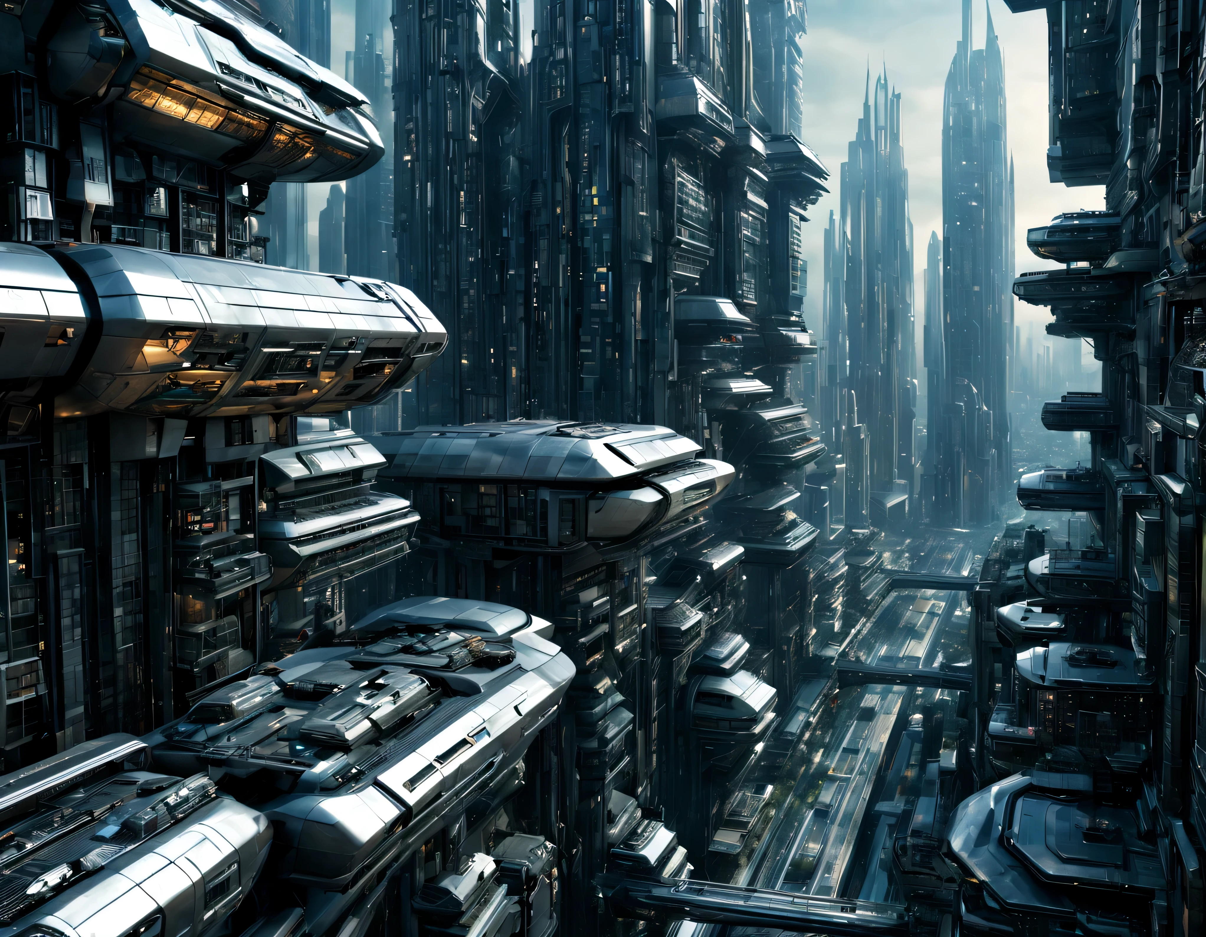 the city of megacity futuristic science fiction city as it would be in the year 3029, vista desde una terraza , with high-tech design , edificios de metal y cristal, highways crossing them, de una inmensidad impresionante, con el empleo de oro , silver and bronze in its construction, realmente impresionante a la vista, imagen bien definida, sharp well defined background, con muchos edificios juntos. sharp well defined 8k image. los edificios llegan alta el fondo.,8k. cinematographic image, renderizado 3d, ((obra maestra de superior calidad)).