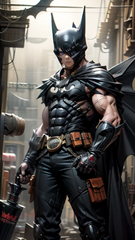 Batman, Batman face,black orange kimono,hand cross,fuzzy background,angry expression,cartoon,rope tied on his waist, masterpiece,8k resolution , muscular