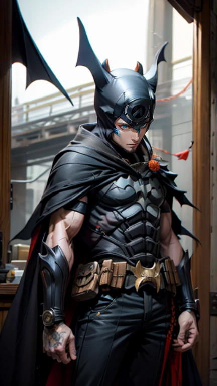 Batman, Batman face,black orange kimono,hand cross,fuzzy background,angry expression,cartoon,rope tied on his waist, masterpiece,8k resolution , muscular
