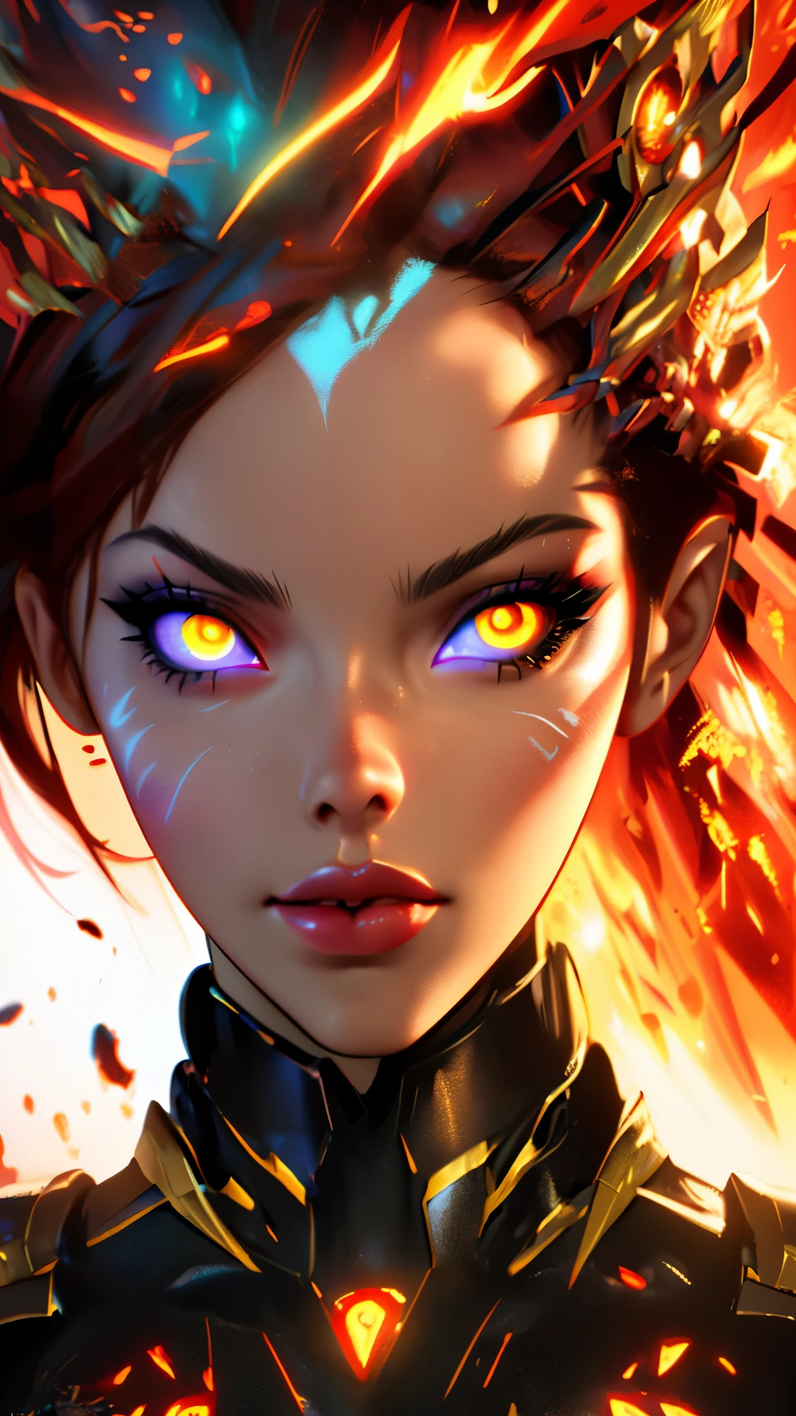 a close up of a woman with yellow eyes and a red lipstick, artgerm ; 3d unreal engine, ig model | artgerm, with glowing red eyes, glowing ember eyes, with glowing yellow eyes, rossdraws portrait, artgerm. high detail, rossdraws 1. 0, :: rossdraws, rossdraws digital painting