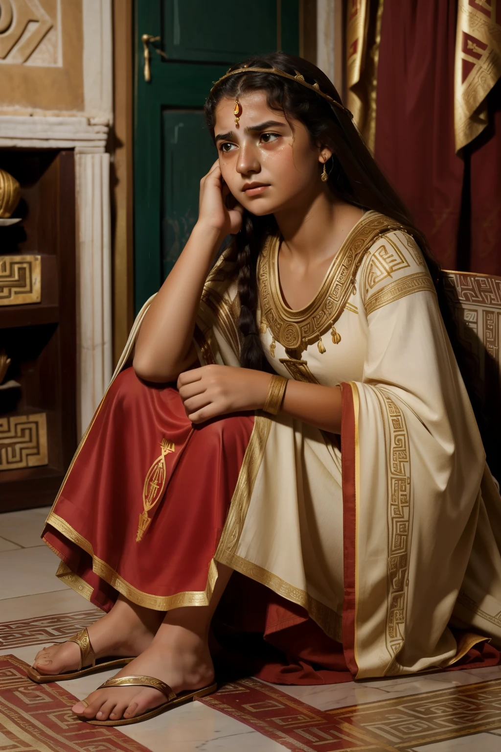 Rome, 77 BC. A ((((16-year-old)) Myrtale)), young greek woman, in the luxurious room, ((crying big tears, despair expression)). ((((macedonian clothings from the 1st century BC))))