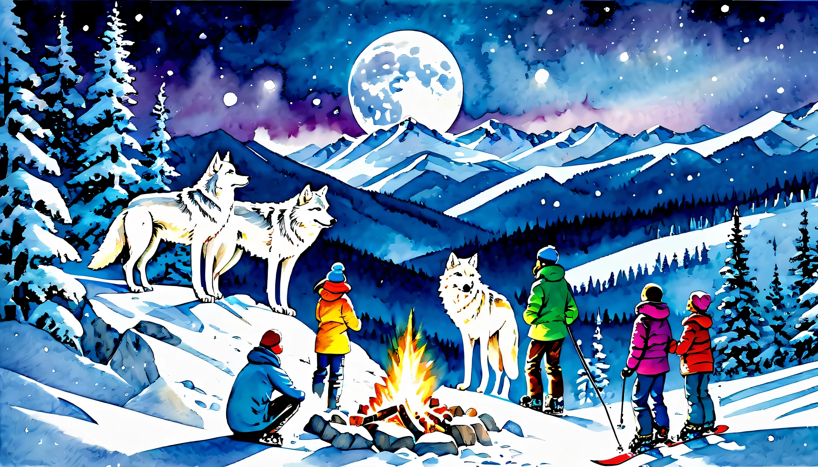 1 As the snow falls gently around them, Group of friends gathering around a cozy fire at a winter resort, A majestic white wolf stands on top of a snow-covered mountain, fur shining in the moonlight, Snowboarder below looks up in awe, Ready to hit the slopes, A beautiful watercolor painting on the wall、Capturing the beauty of the snowy landscape outside。,