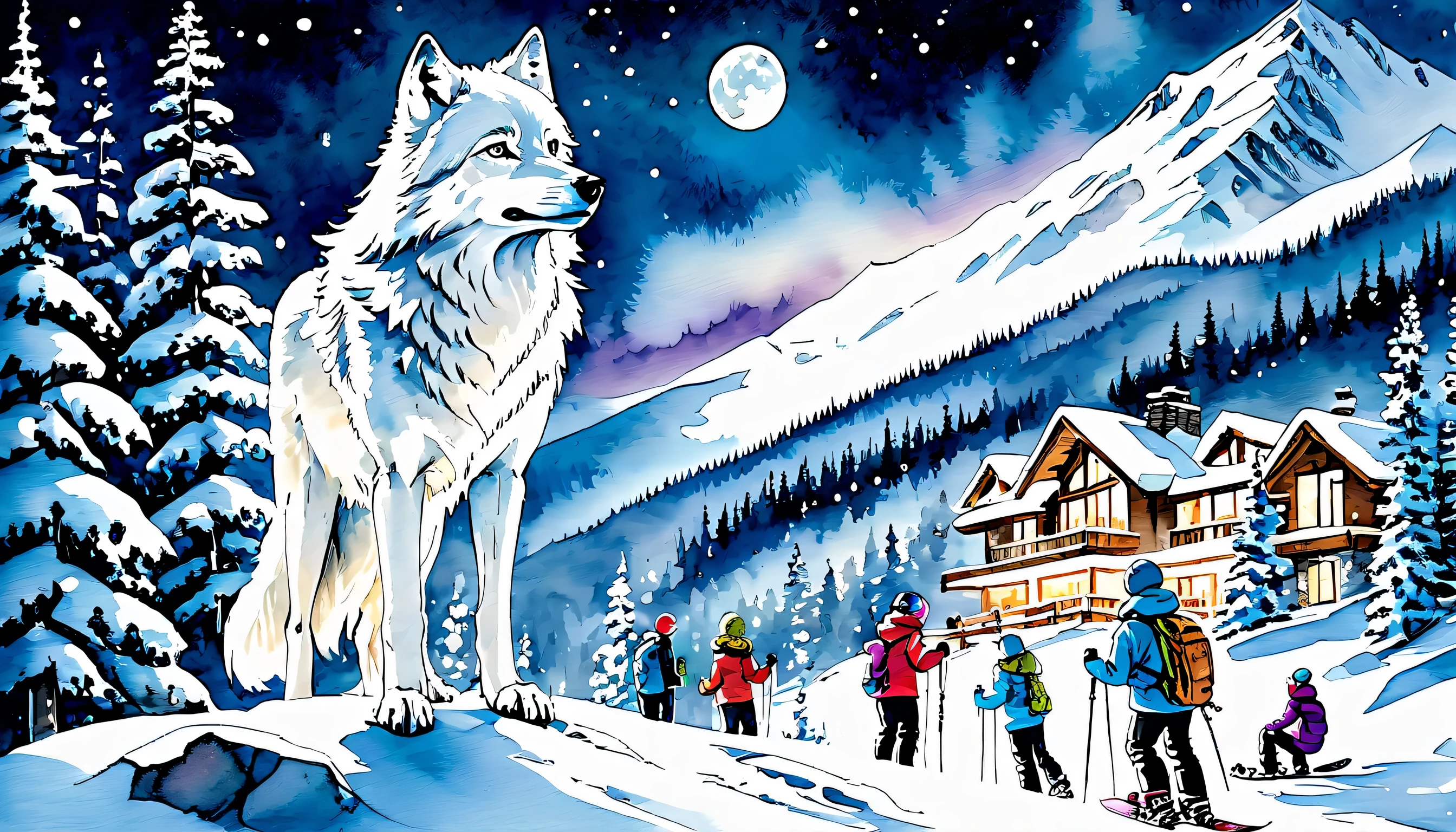 1 As the snow falls gently around them, Group of friends gathering around a cozy fire at a winter resort, A majestic white wolf stands on top of a snow-covered mountain, fur shining in the moonlight, Snowboarder below looks up in awe, Ready to hit the slopes, A beautiful watercolor painting on the wall、Capturing the beauty of the snowy landscape outside。,